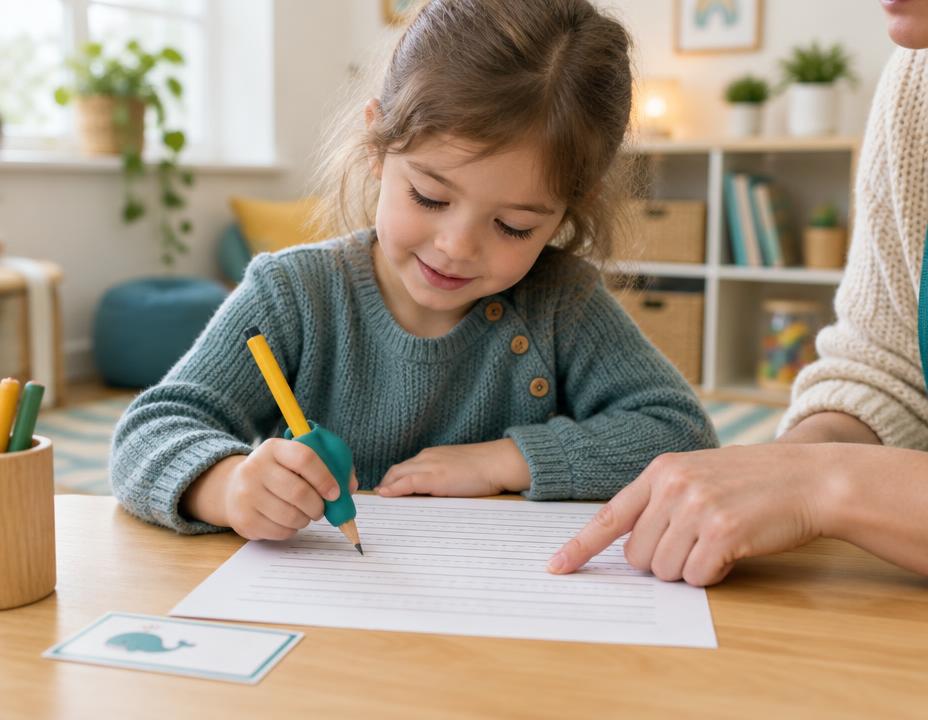 Child practising handwriting with a therapist's guidance