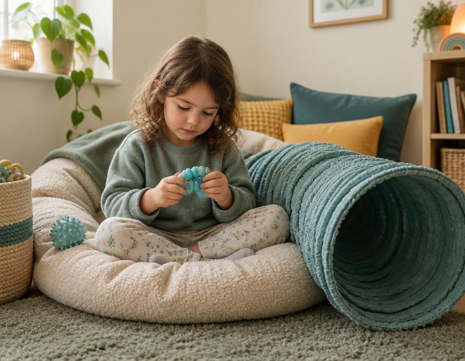Child playing calmly in a home sensory corner