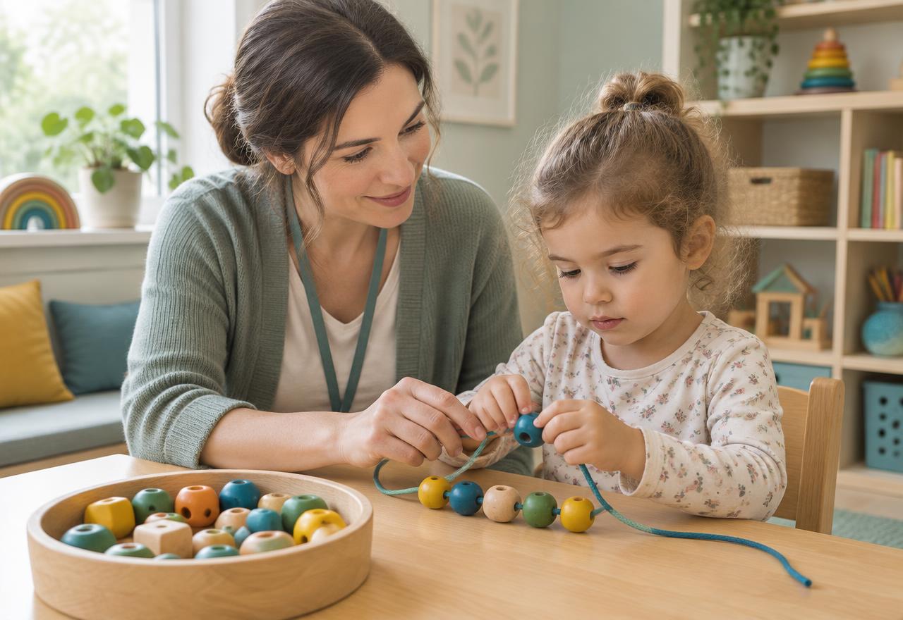 Occupational therapist guiding a child through a fine-motor threading activity
