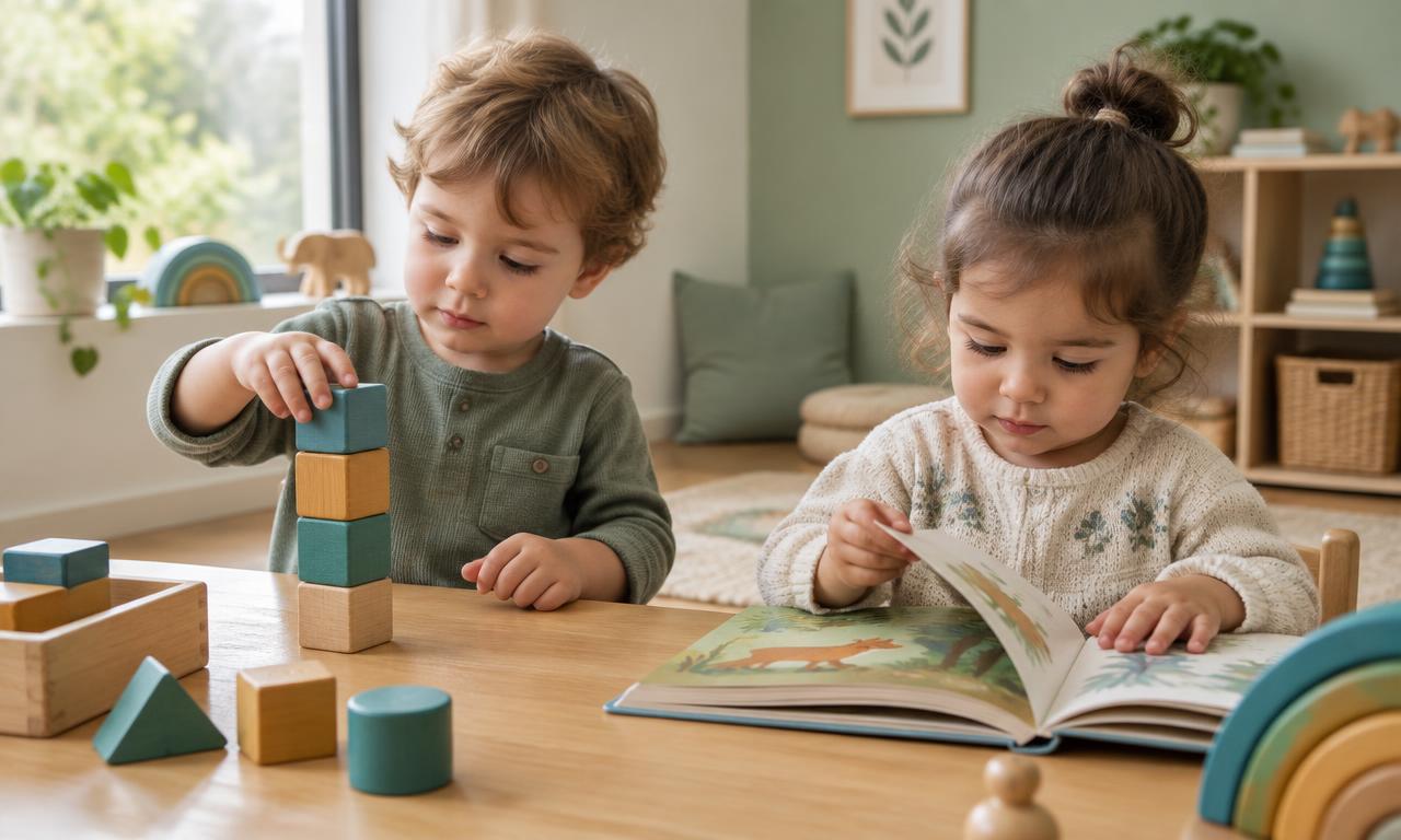 Toddlers learning through play — stacking blocks and reading a picture book together